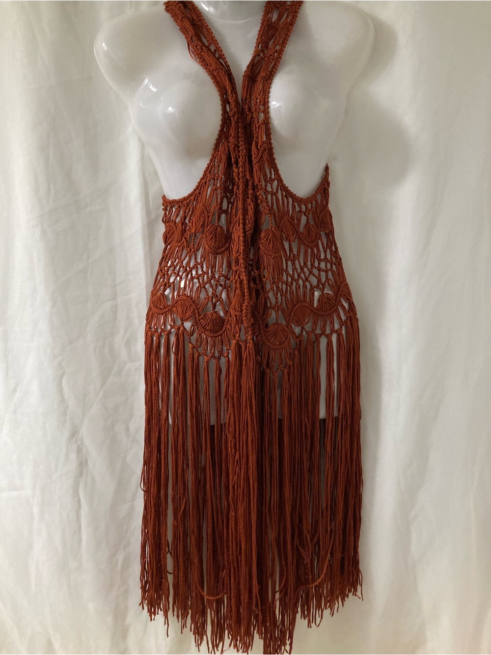 Streetwear Society Rust Macramé Crochet Long Fringe Boho Vest M